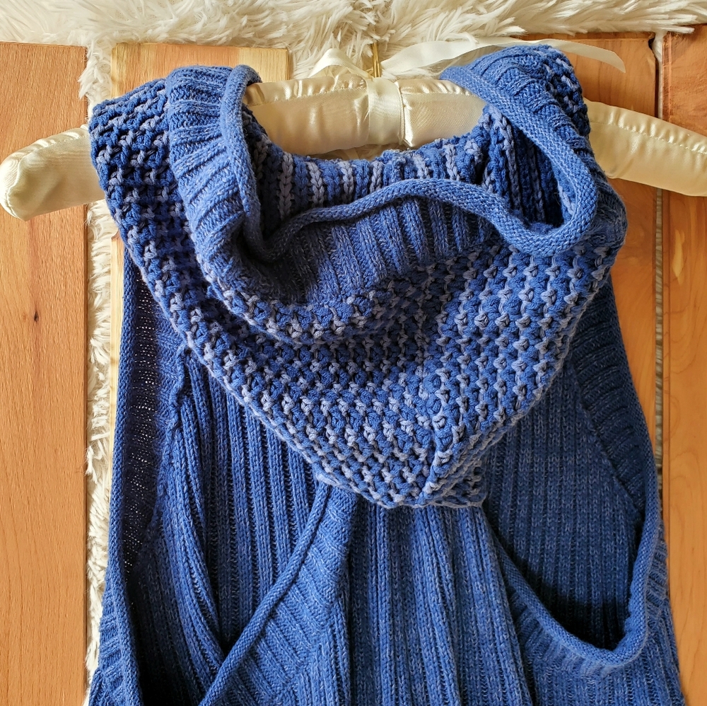 Free People Blue Hooded Knit Sweater Vest